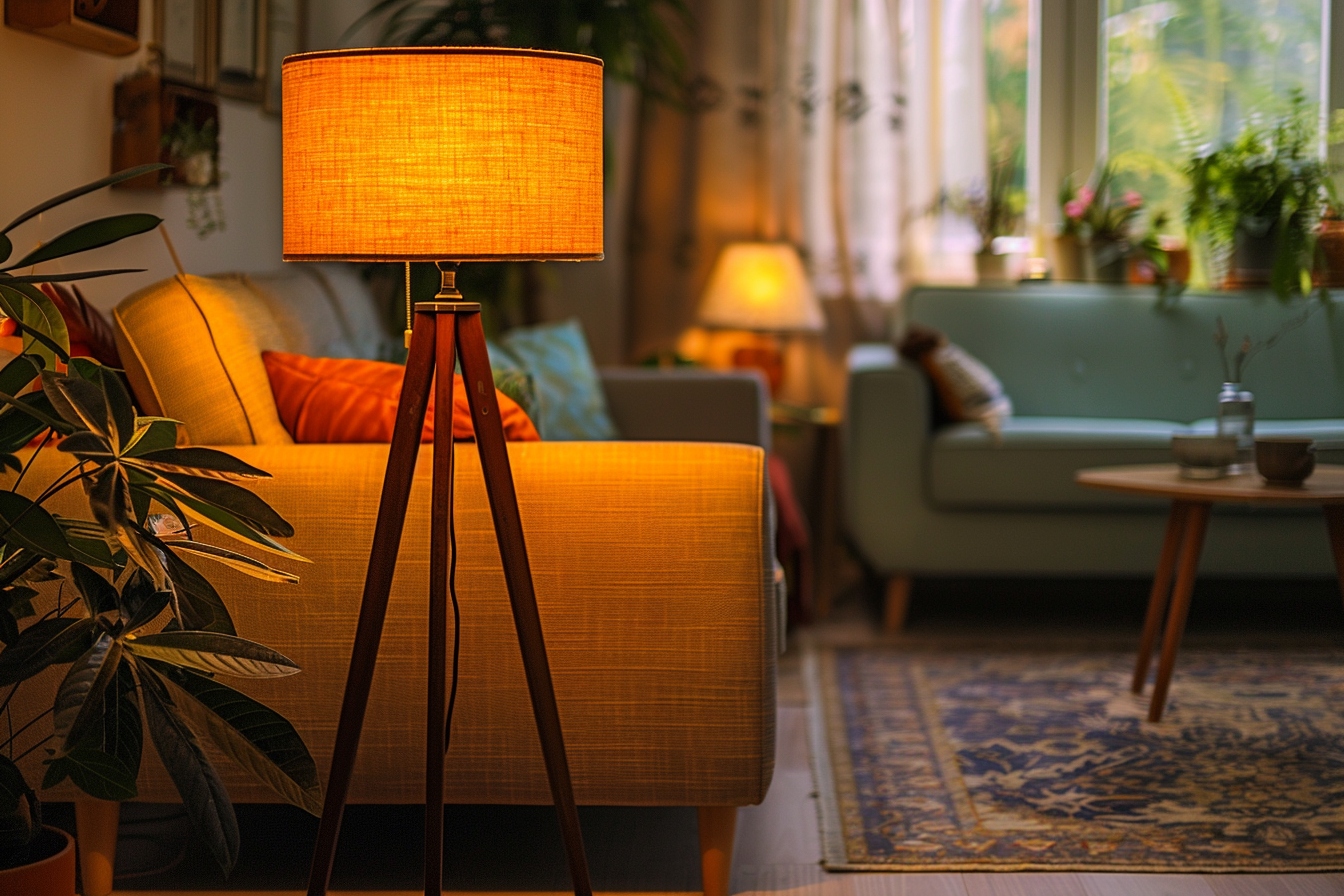 Luminaire vintage suspendu éclairant un salon cosy, apportant une touche rétro élégante à l'espace de vie.